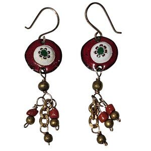 Vintage Boho Red Gold Enamel Beaded Drop Earrings Four Leaf Clover Jewelry Women